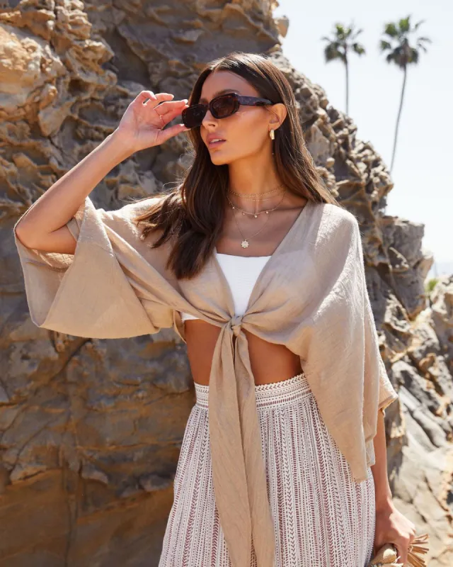 Ryann Front Tie Wide Sleeve Crop Top sold by Vici