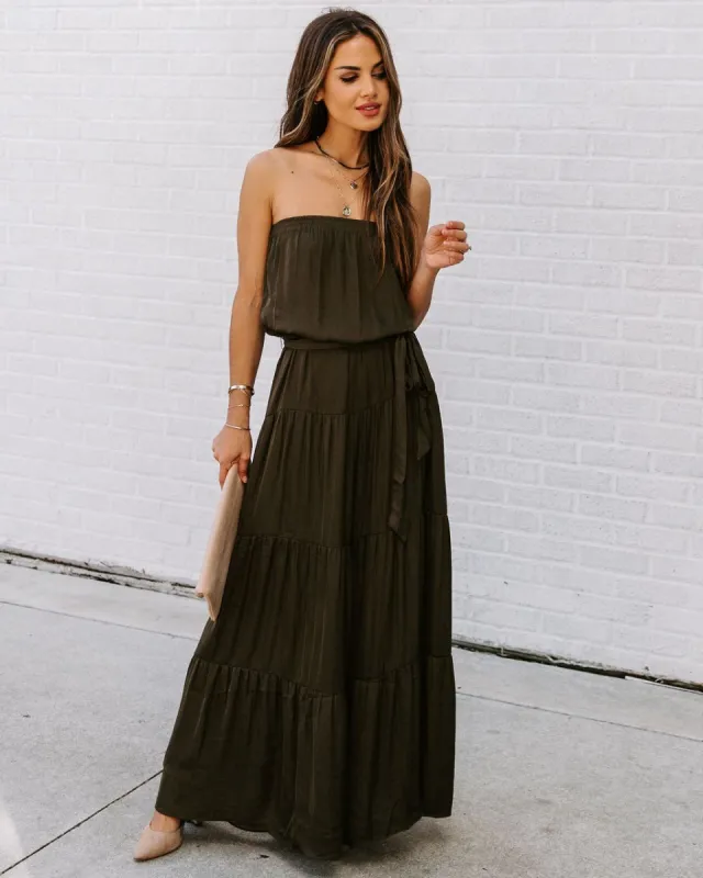 Free Falling Strapless Tiered Maxi Dress - Olive - FINAL SALE sold by Vici