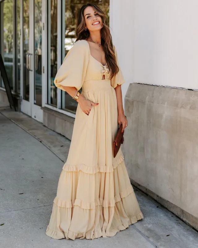Adeline Pocketed Tie Front Tiered Maxi Dress - Yellow - FINAL SALE sold by Vici