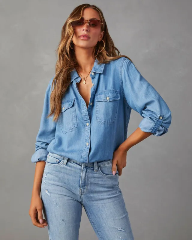 Saleigh Pocketed Button Down Top - Blue sold by Vici