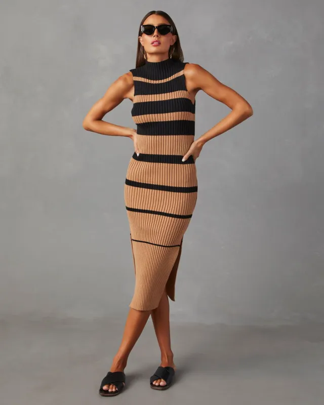 Deidra Sleeveless Striped Sweater Midi Dress - Mocha/Black sold by Vici
