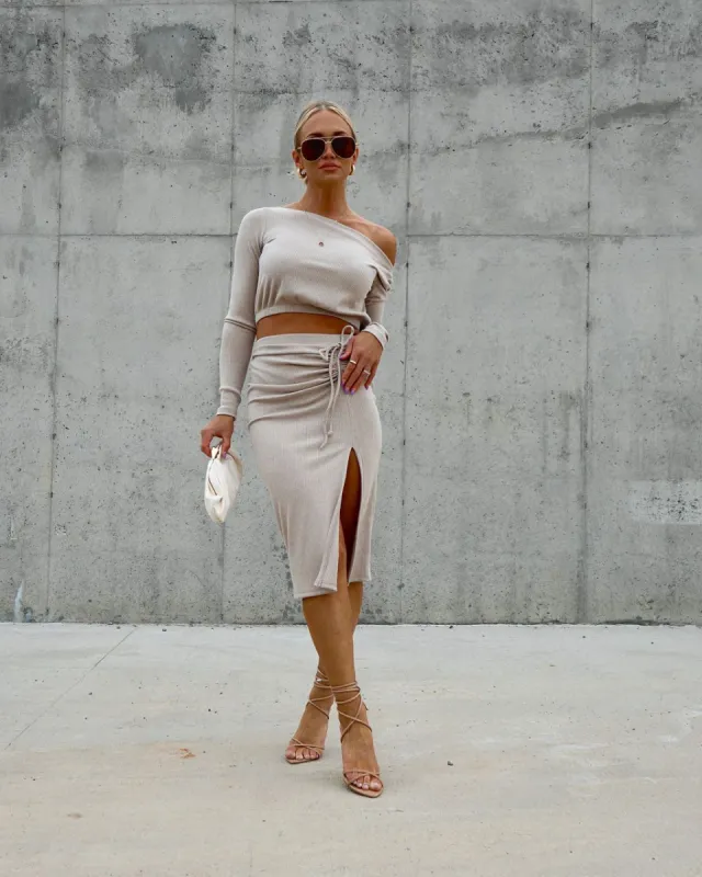 Together Forever Ribbed Side Slit Midi Skirt sold by Vici