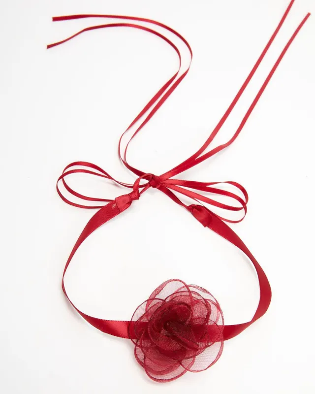 Sacred Flower Ribbon Choker Necklace - Burgundy - FINAL SALE sold by Vici