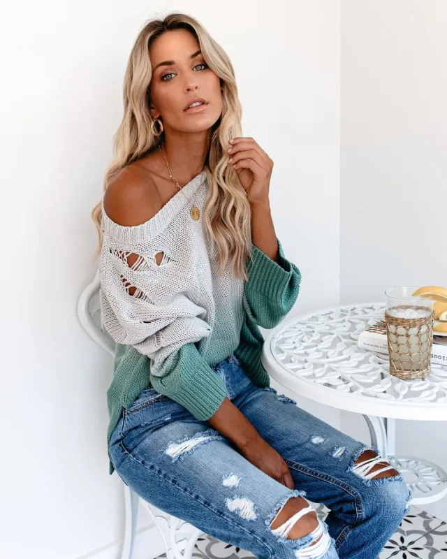 Below Deck Cotton Distressed Ombre Sweater - Seafoam - SALE sold by Vici