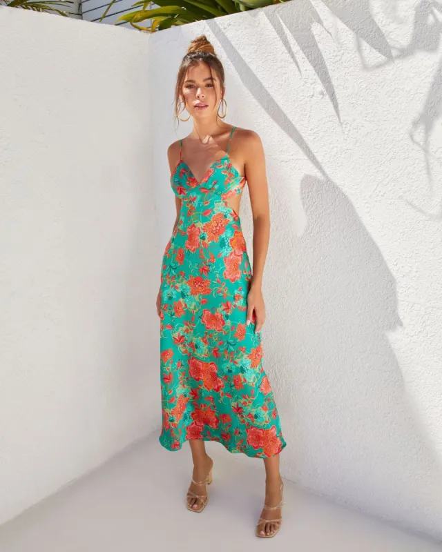 Renelle Satin Cutout Midi Dress - Green/Floral - SALE sold by Vici