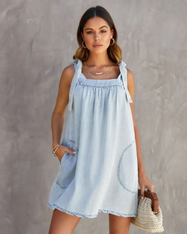 Sammi Chambray Shoulder Tie Pocketed Mini Dress - SALE sold by Vici