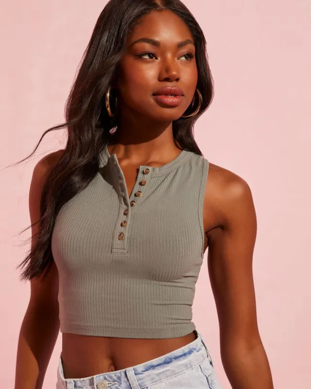 No Rules Button Front Crop Tank - Olive - SALE made by Vici