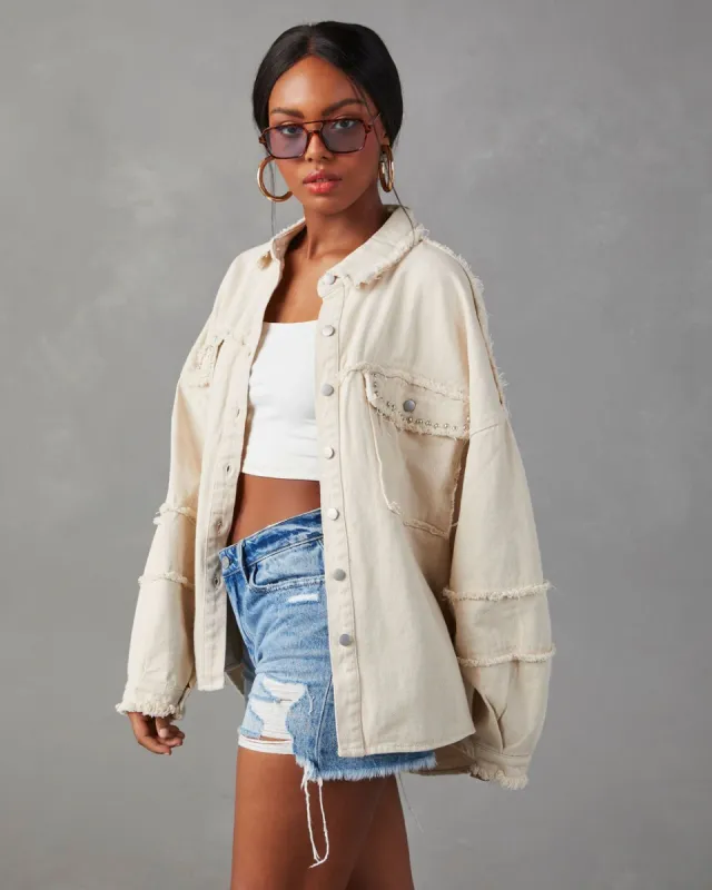 Dolly Cotton Frayed Denim Shacket sold by Vici
