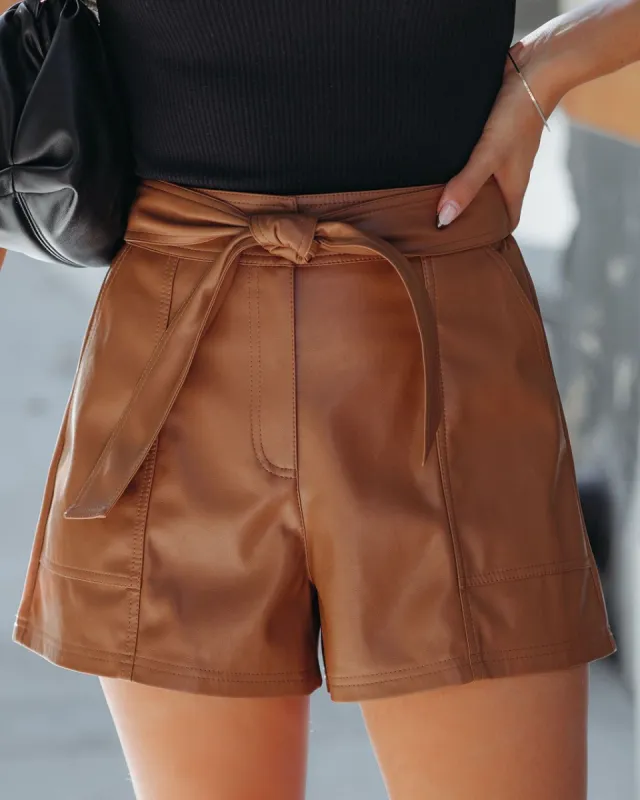 Justice Pocketed High Rise Faux Leather Shorts - Camel - FINAL SALE sold by Vici