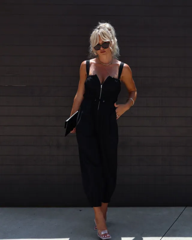 Rosette Cotton Tie Waist Jumpsuit - Black - SALE sold by Vici