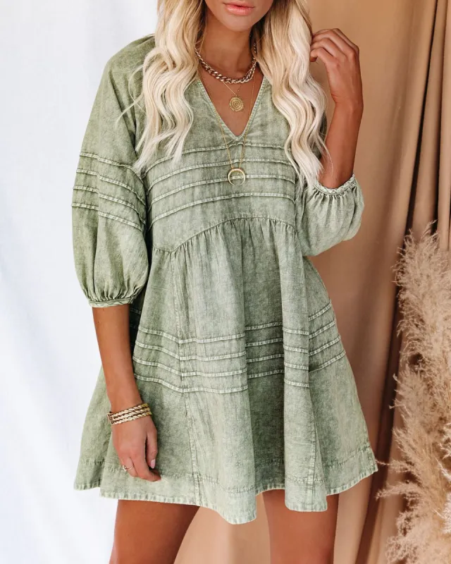 Irvine Cotton Pocketed Denim Babydoll Dress - Washed Olive - SALE sold by Vici