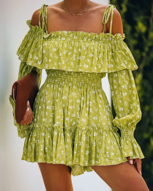 Lee Smocked Off The Shoulder Ruffle Tie Romper sold by Vici