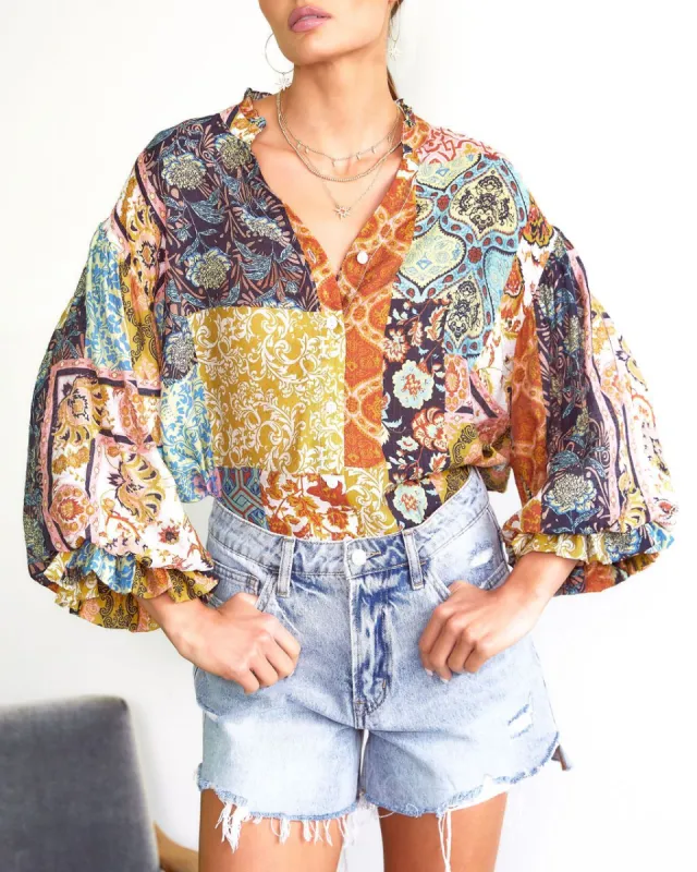 Myah Patchwork Balloon Sleeve Button Down Top - FINAL SALE sold by Vici