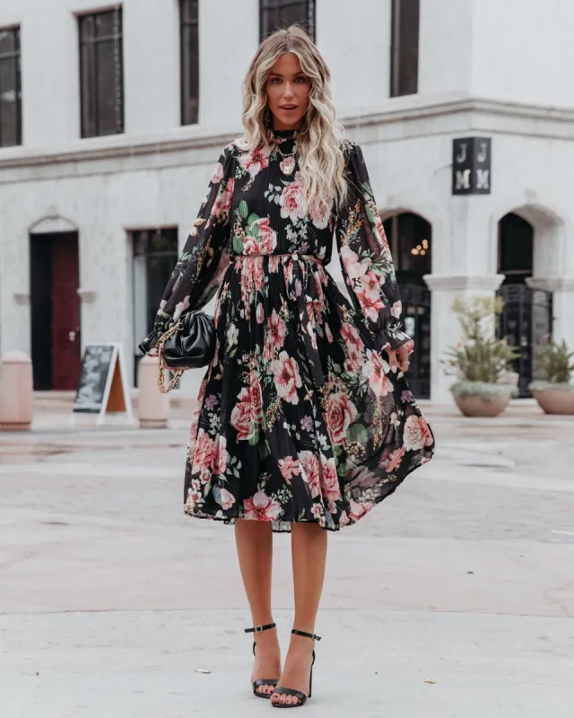 Quiet Escape Floral Pleated Midi Dress - Black - FINAL SALE sold by Vici