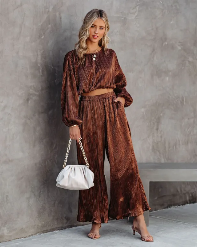 Kiyara Pocketed High Rise Shimmer Plisse Pants - FINAL SALE sold by Vici