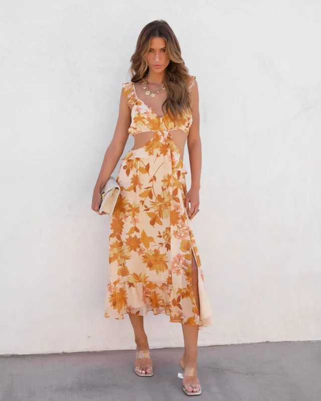 Meet Me Under The Sun Ruffle Floral Cutout Midi Dress - FINAL SALE sold by Vici