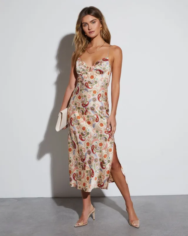Aiko Printed Satin Slip Midi Dress sold by Vici