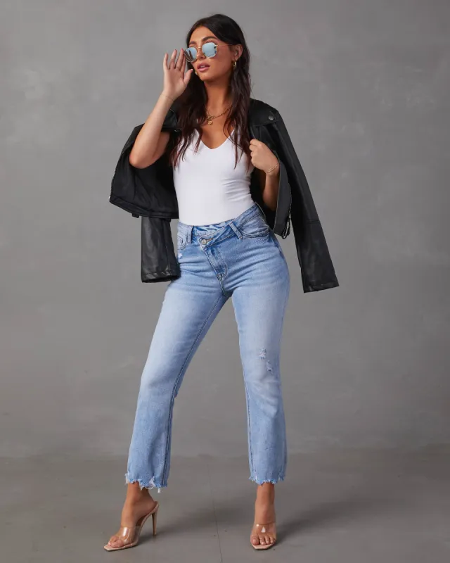 Olivia High Rise Cross Over Crop Flare Jeans sold by Vici