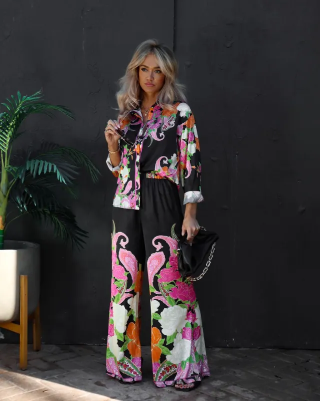Kyoto Nights Satin Floral Wide Leg Pants - FINAL SALE sold by Vici