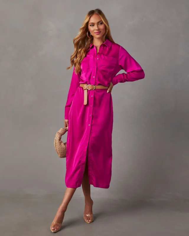 Full Of Charm Satin Long Sleeve Midi Shirt Dress sold by Vici