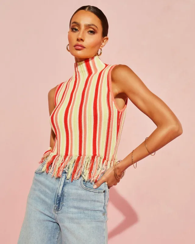 Lumi Striped Sweater Knit Fringe Hem Top - Red/Yellow - FINAL SALE sold by Vici