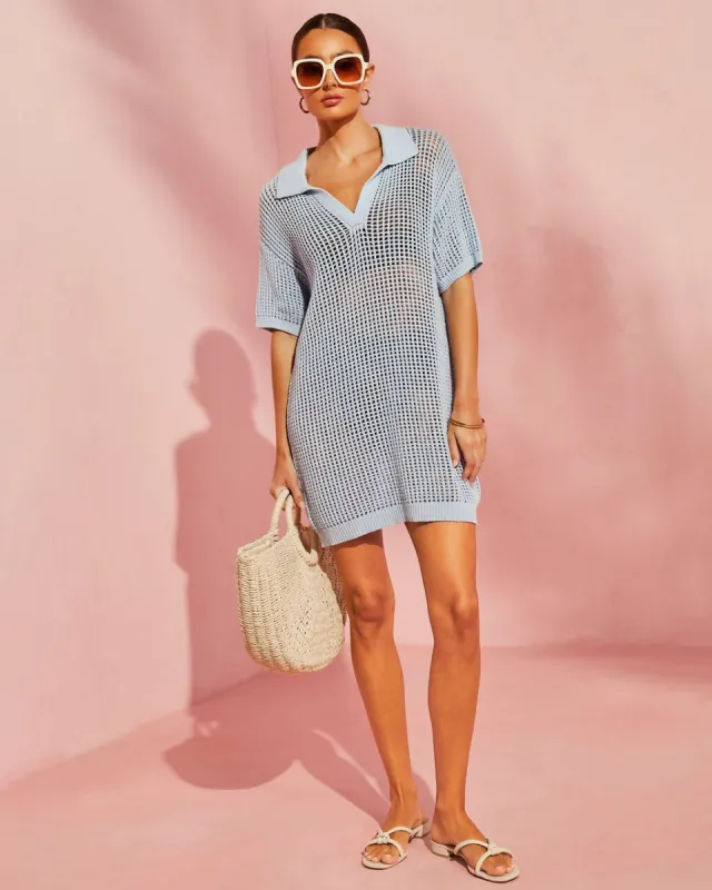 Billy Collared Crochet Cover Up Top - Light Blue - LAST CHANCE sold by Vici