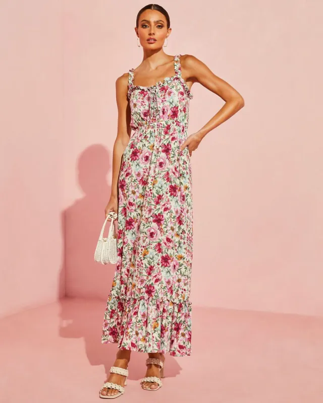 Vilma Ruffle Trim Floral Maxi Dress - Plum/Multi - SALE sold by Vici