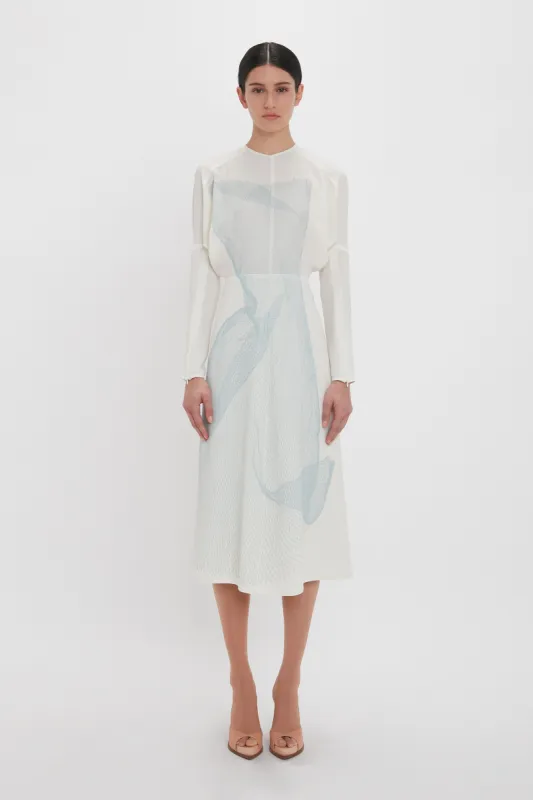 Long Sleeve Dolman Midi Dress In White-Blue Contorted Net sold by Victoria Beckham