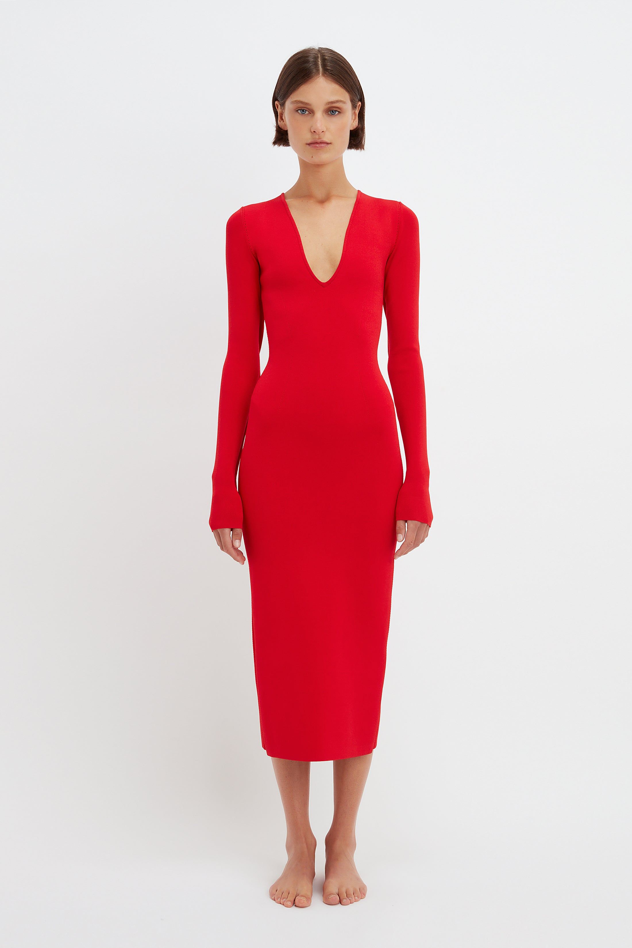 VB Body Deep V Midi Dress in Red sold by Victoria Beckham