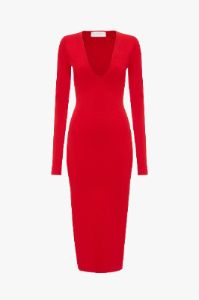 VB Body Deep V Midi Dress in Red sold by Victoria Beckham