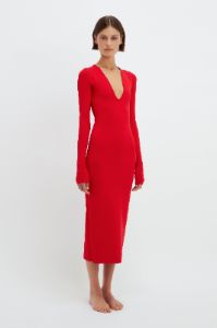 VB Body Deep V Midi Dress in Red sold by Victoria Beckham