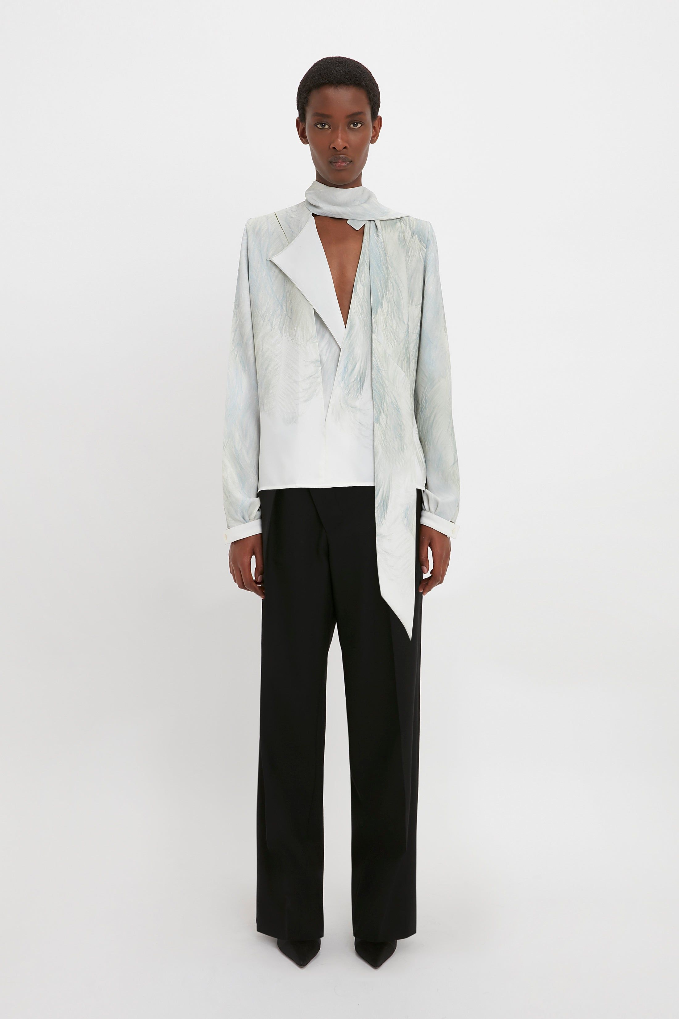 Scarf Neck Blouse In White Digital Feather Print sold by Victoria Beckham