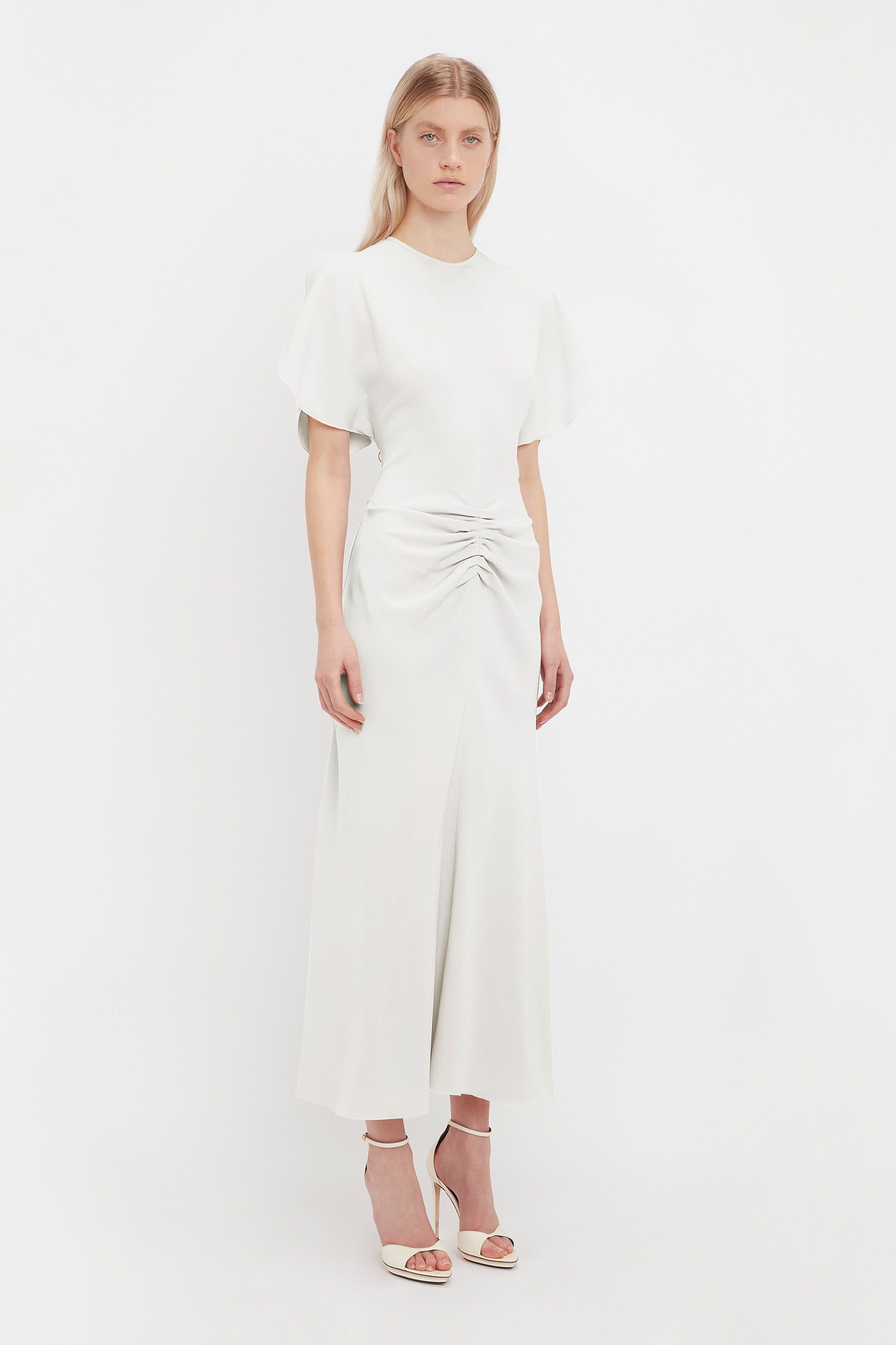 Exclusive Gathered Waist Midi Dress In Ivory | Parallel