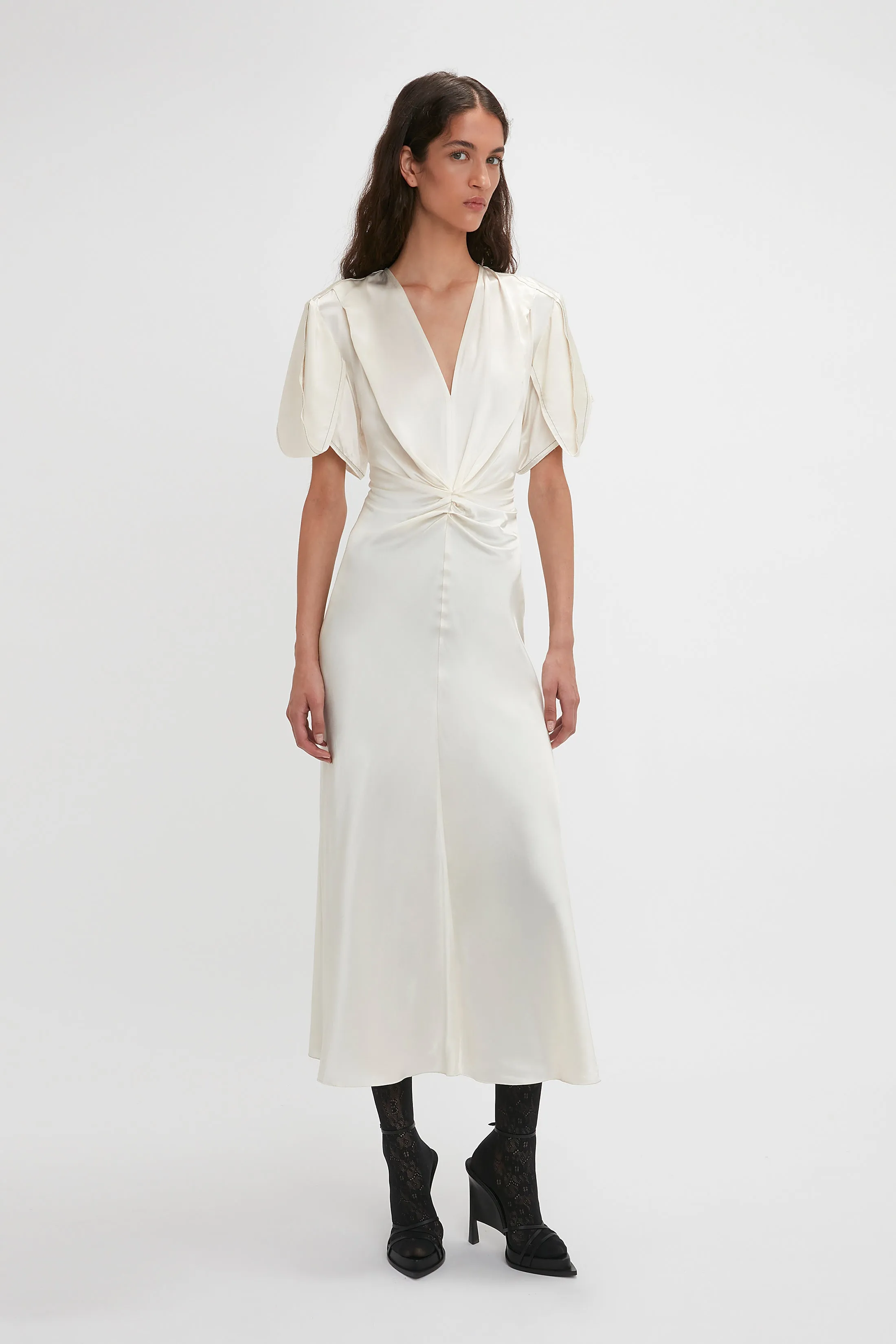 Gathered V-Neck Midi Dress In Ivory sold by Victoria Beckham
