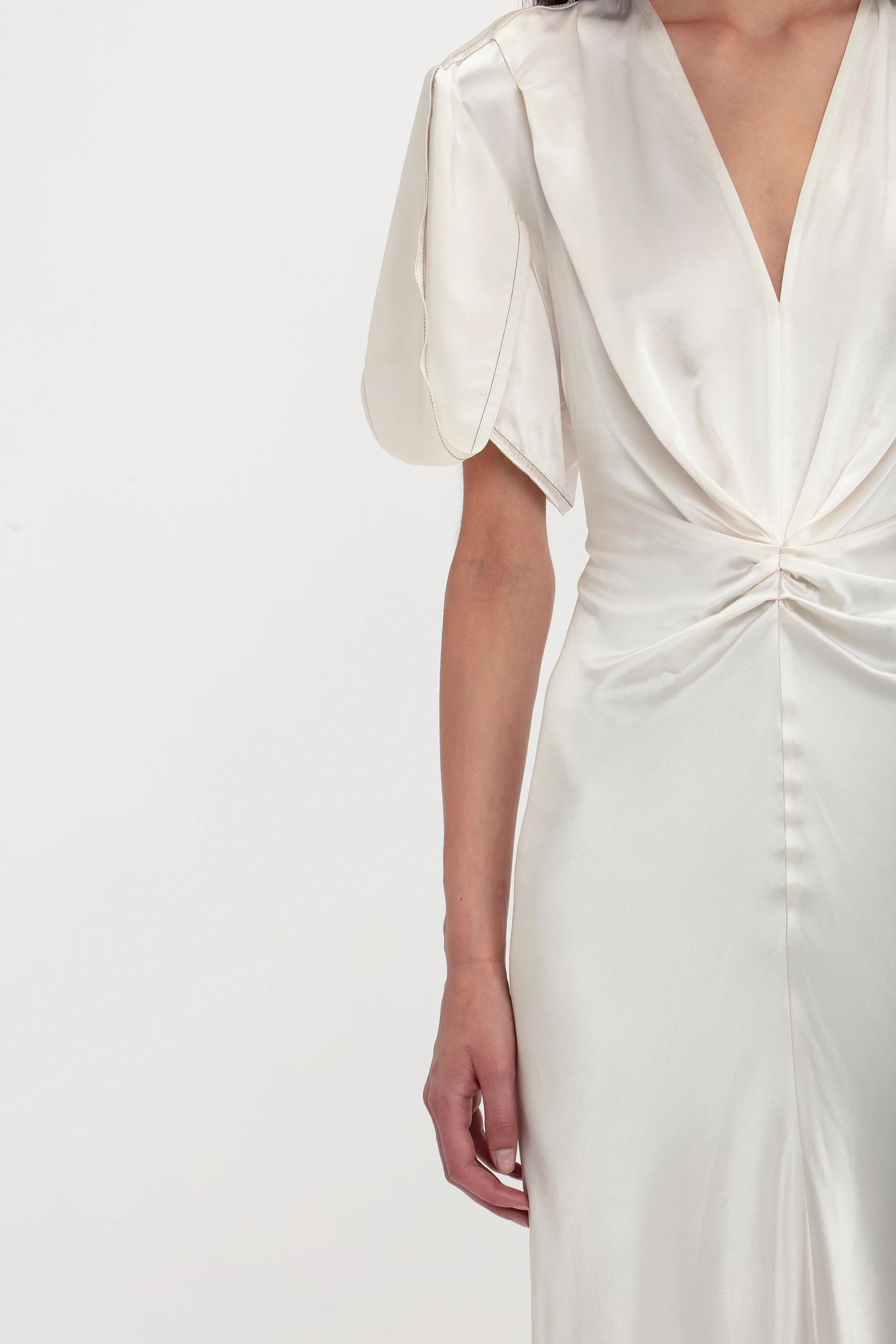 Gathered V-Neck Midi Dress In Ivory sold by Victoria Beckham product image thumbnail 3
