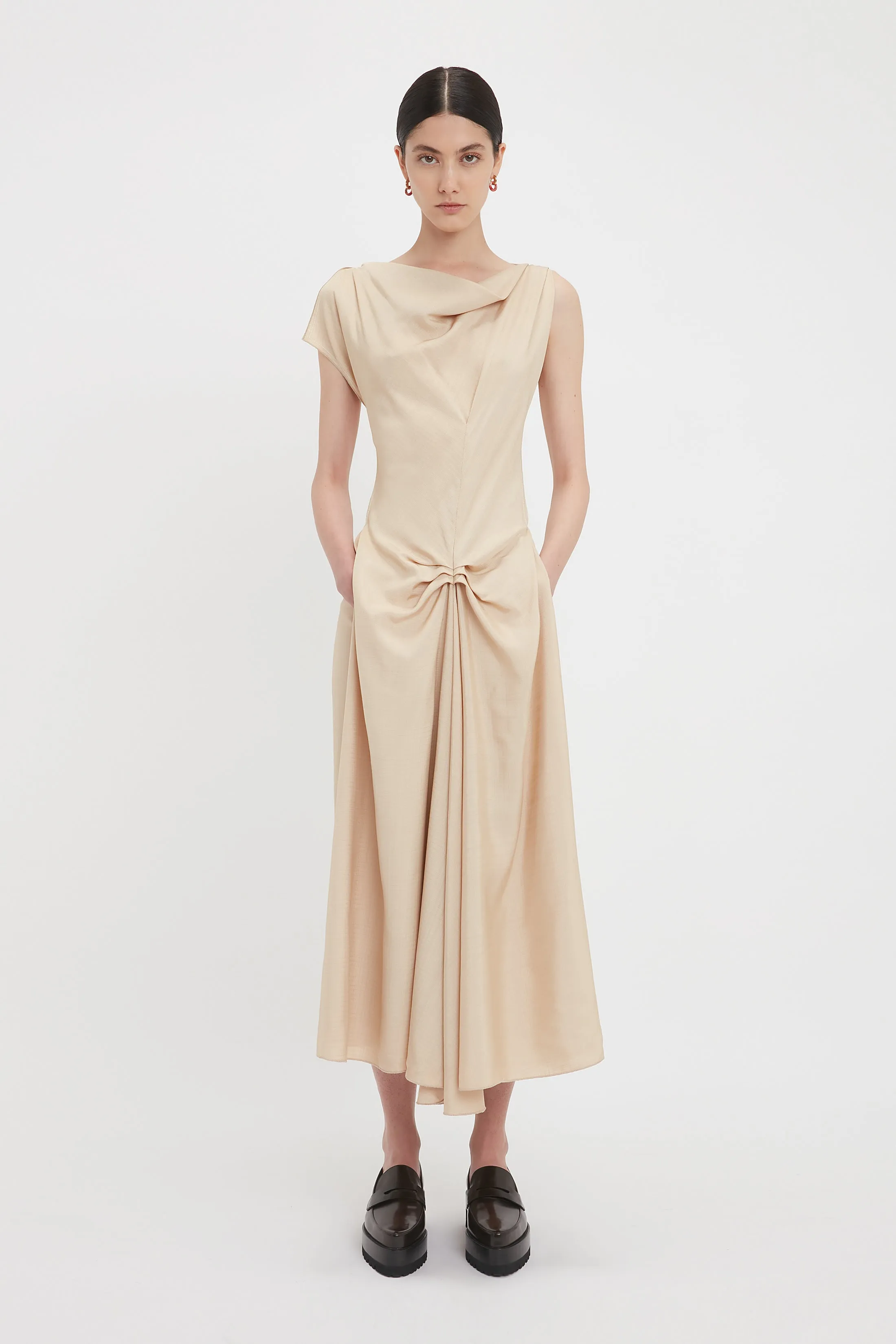 Deconstructed Gathered Waist Midi Dress In Pink Mist sold by Victoria Beckham