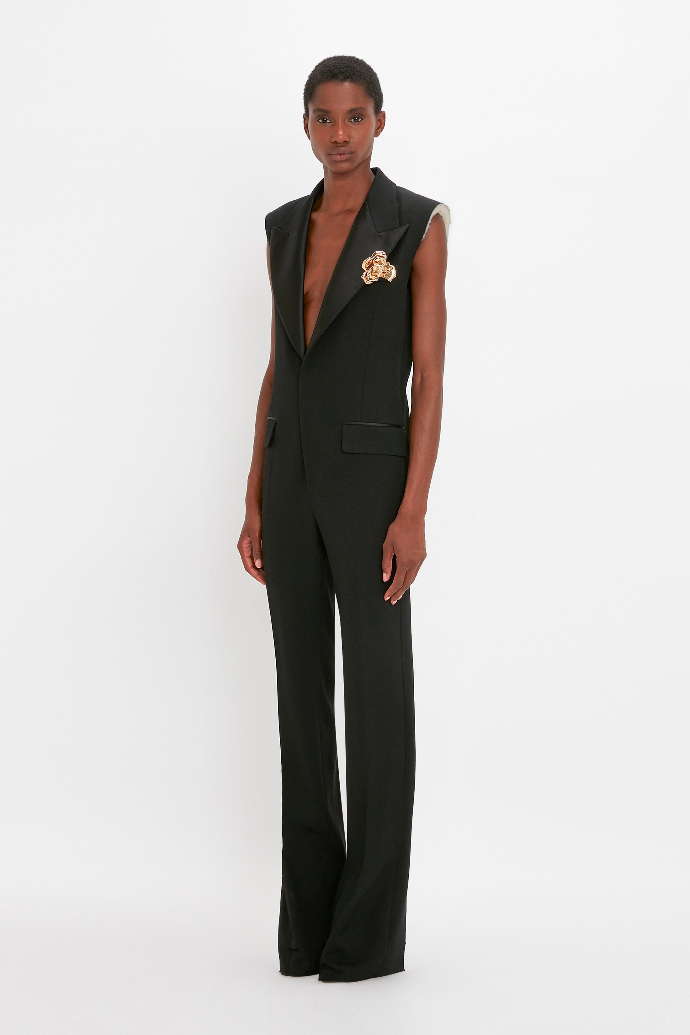 Sleeveless Tuxedo Jumpsuit in Black sold by Victoria Beckham product image thumbnail 2