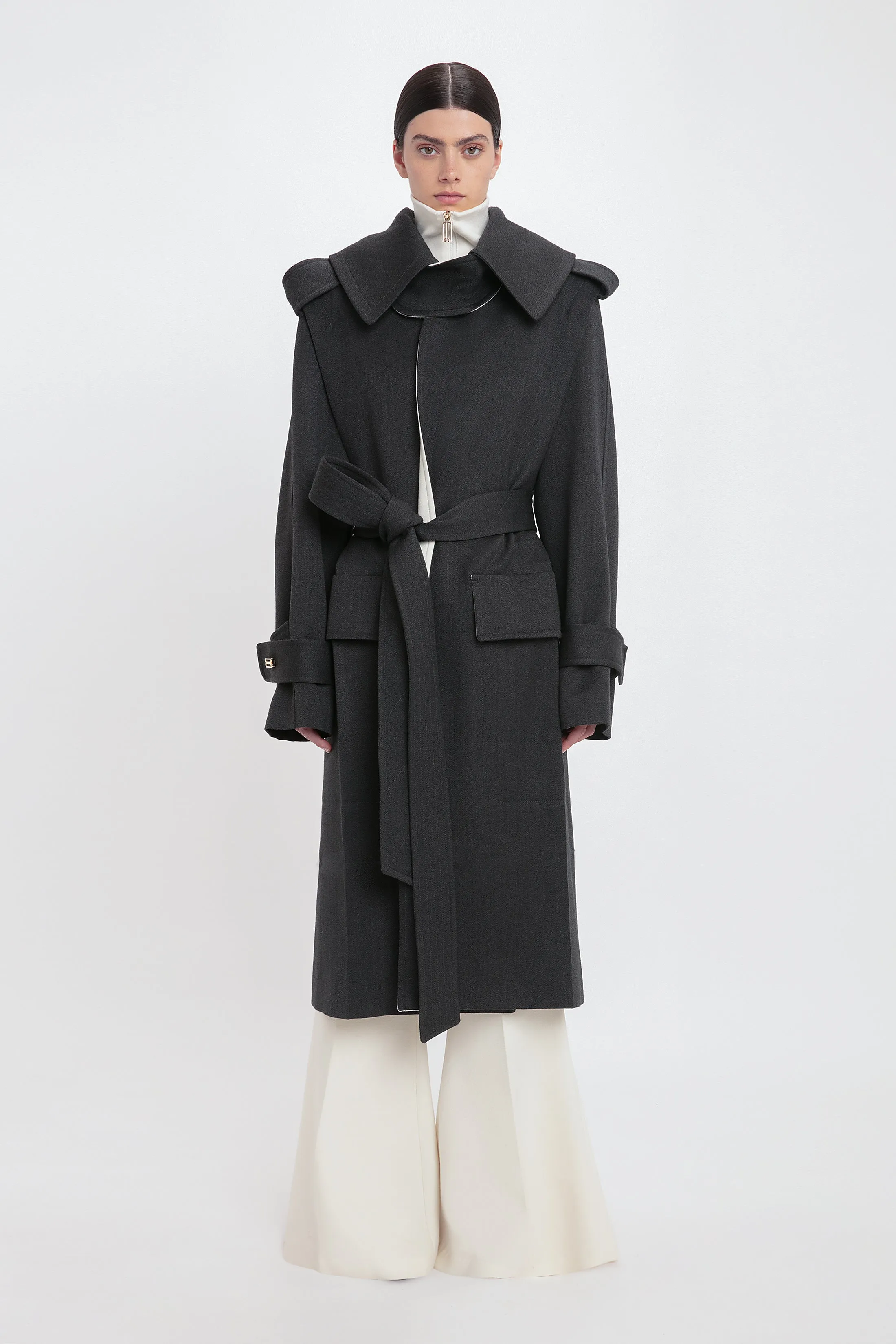Belted Wool Trench Coat In Charcoal sold by Victoria Beckham