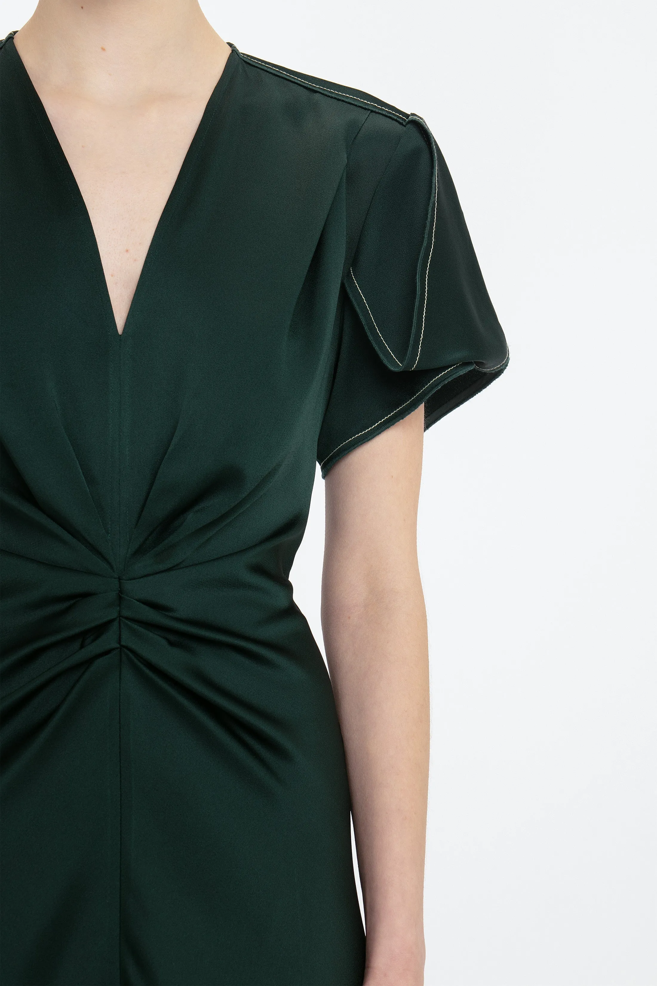 Gathered V-Neck Midi Dress In Seaweed sold by Victoria Beckham product image thumbnail 4