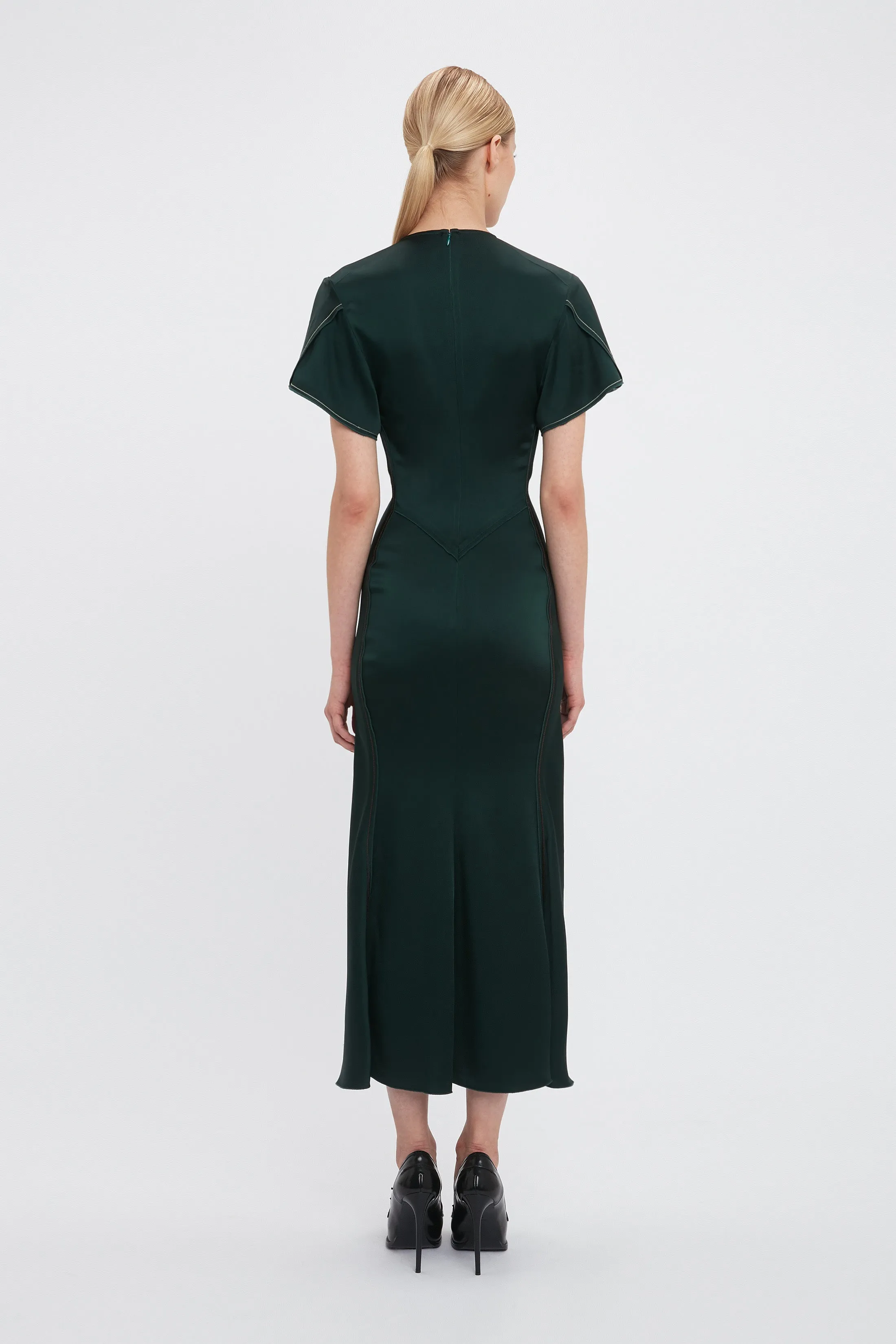 Gathered V-Neck Midi Dress In Seaweed sold by Victoria Beckham product image thumbnail 3