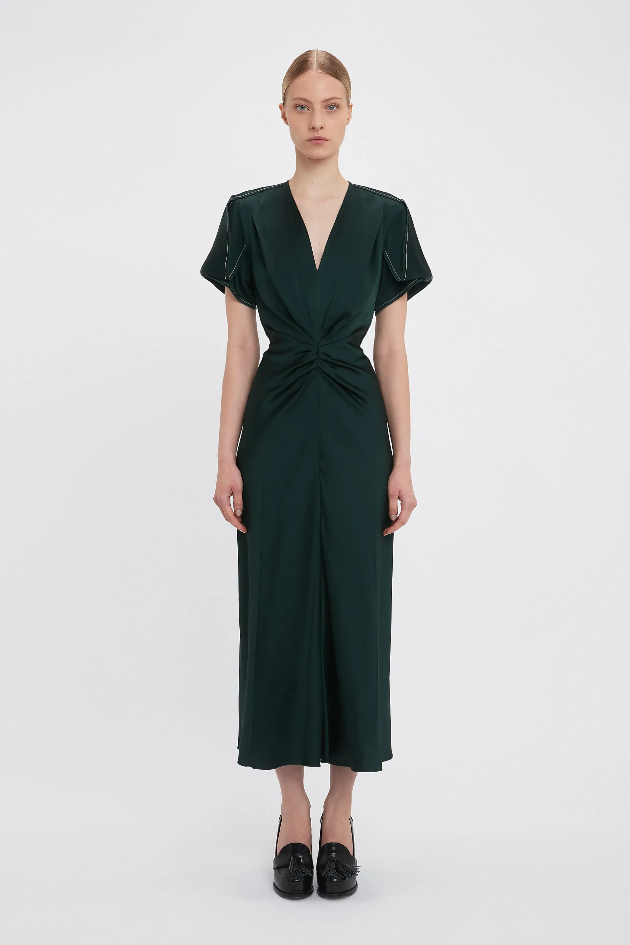 Gathered V-Neck Midi Dress In Seaweed sold by Victoria Beckham