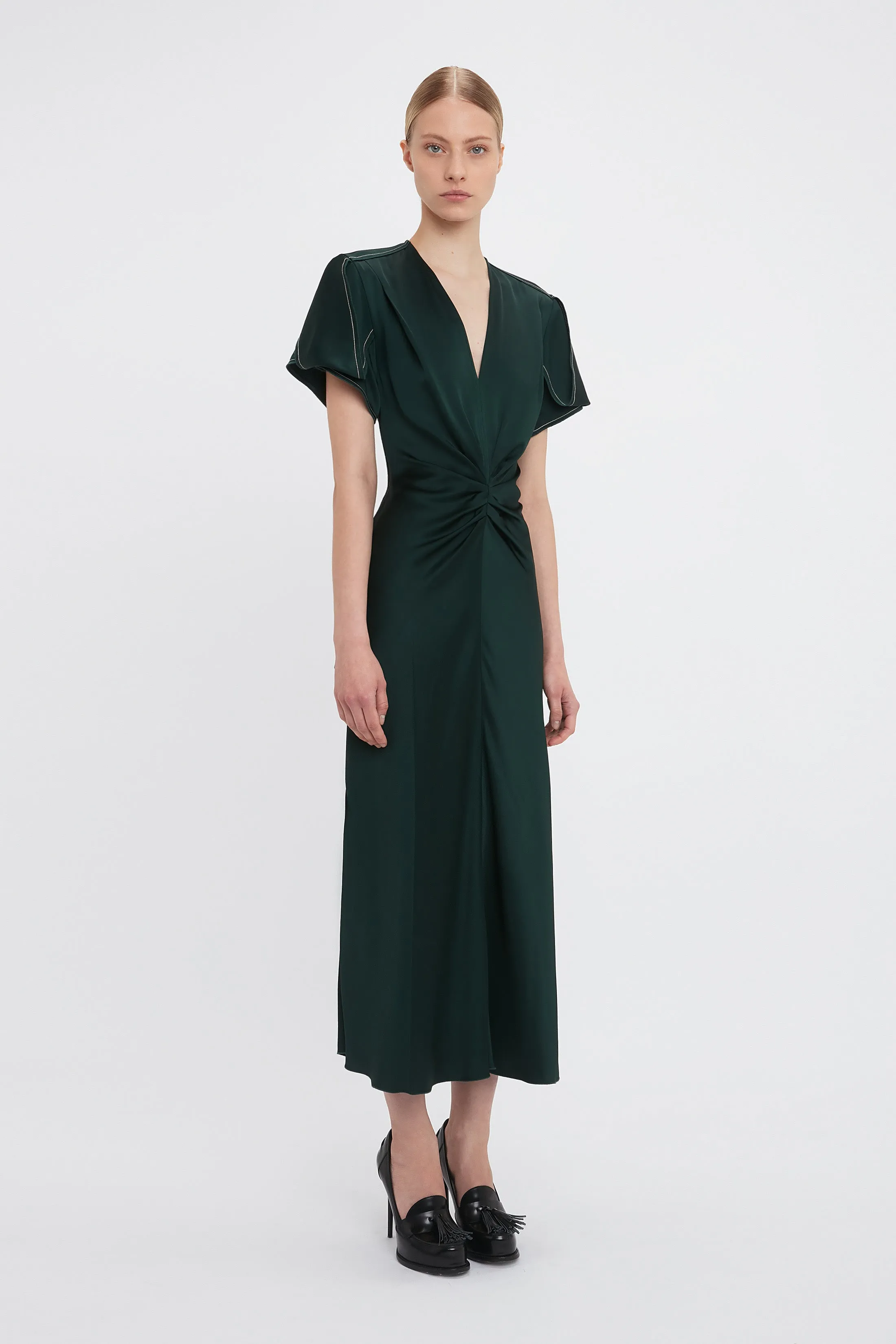 Gathered V-Neck Midi Dress In Seaweed sold by Victoria Beckham product image thumbnail 2