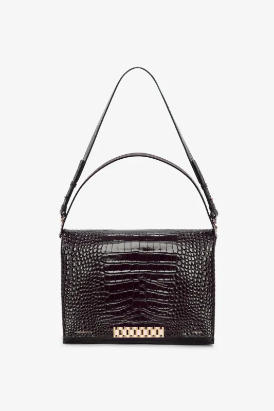 Jumbo Chain Pouch Bag In Chocolate Croc Embossed Leather made by Victoria Beckham