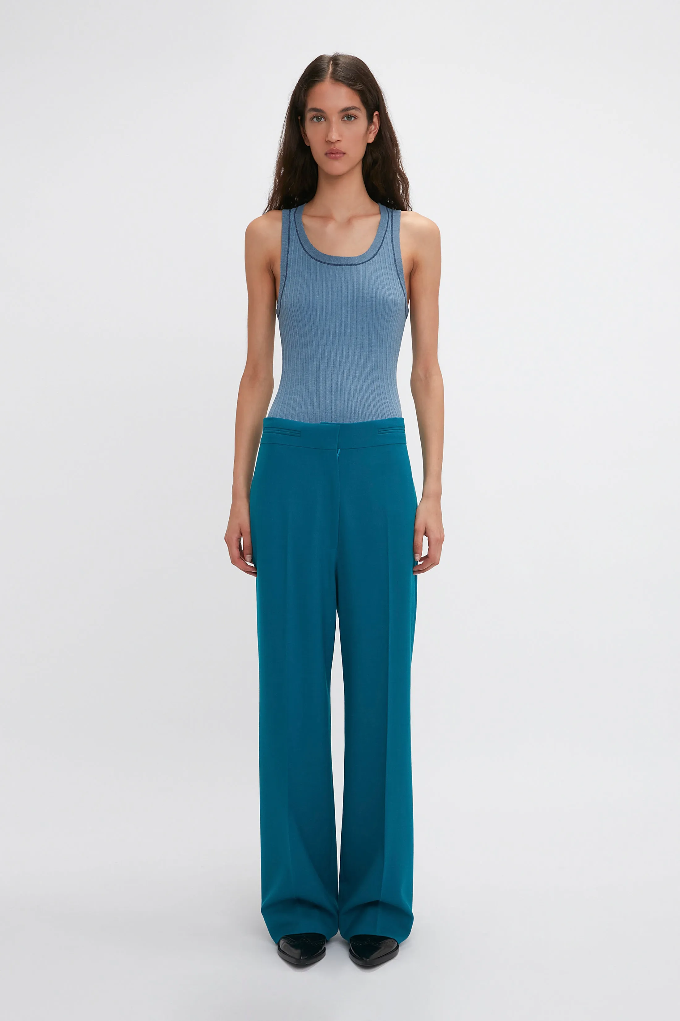 Waistband Detail Straight Leg Trouser In Petroleum sold by Victoria Beckham
