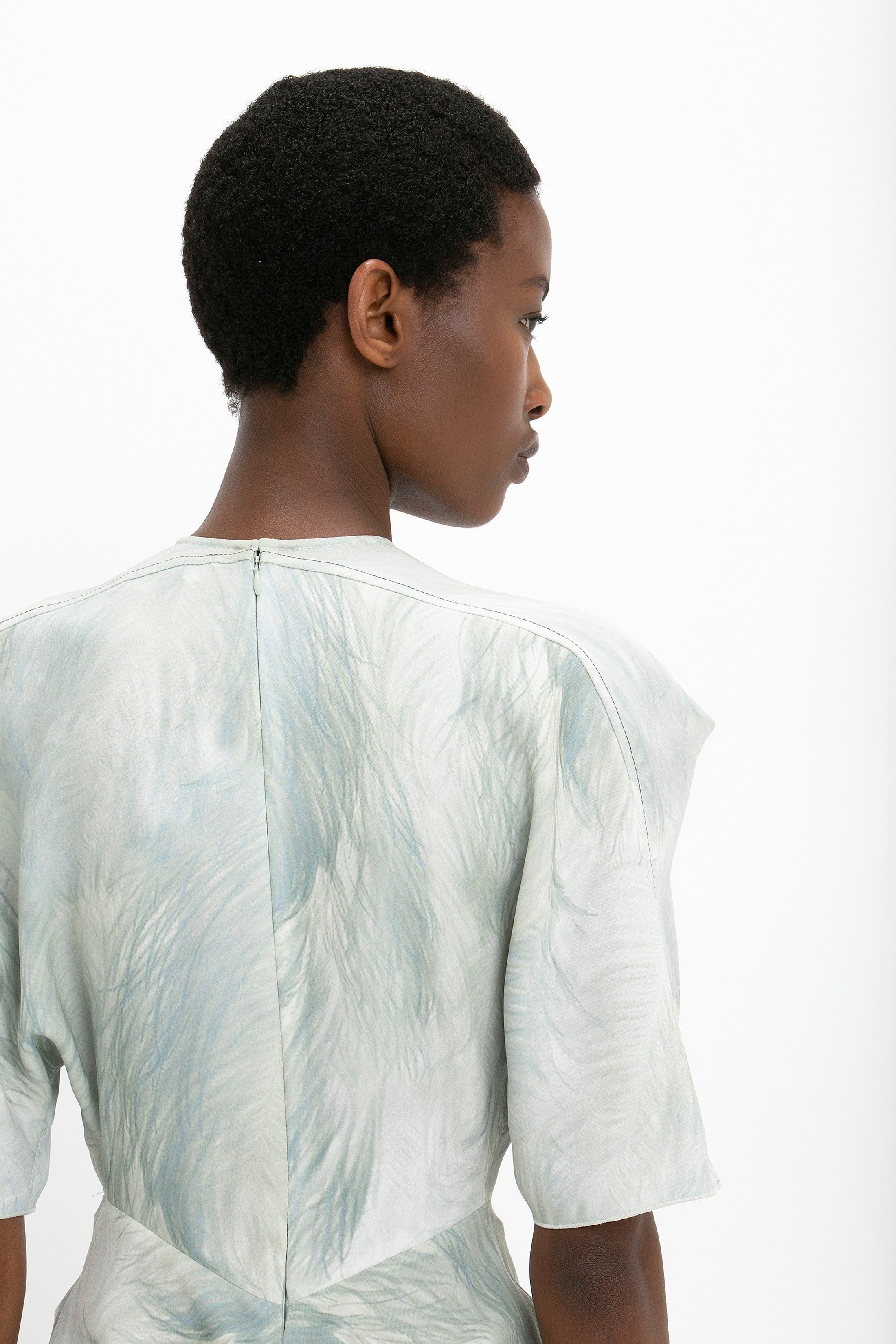 Drape Sleeve Midi Dress In White Digital Feather Print sold by Victoria Beckham product image thumbnail 5