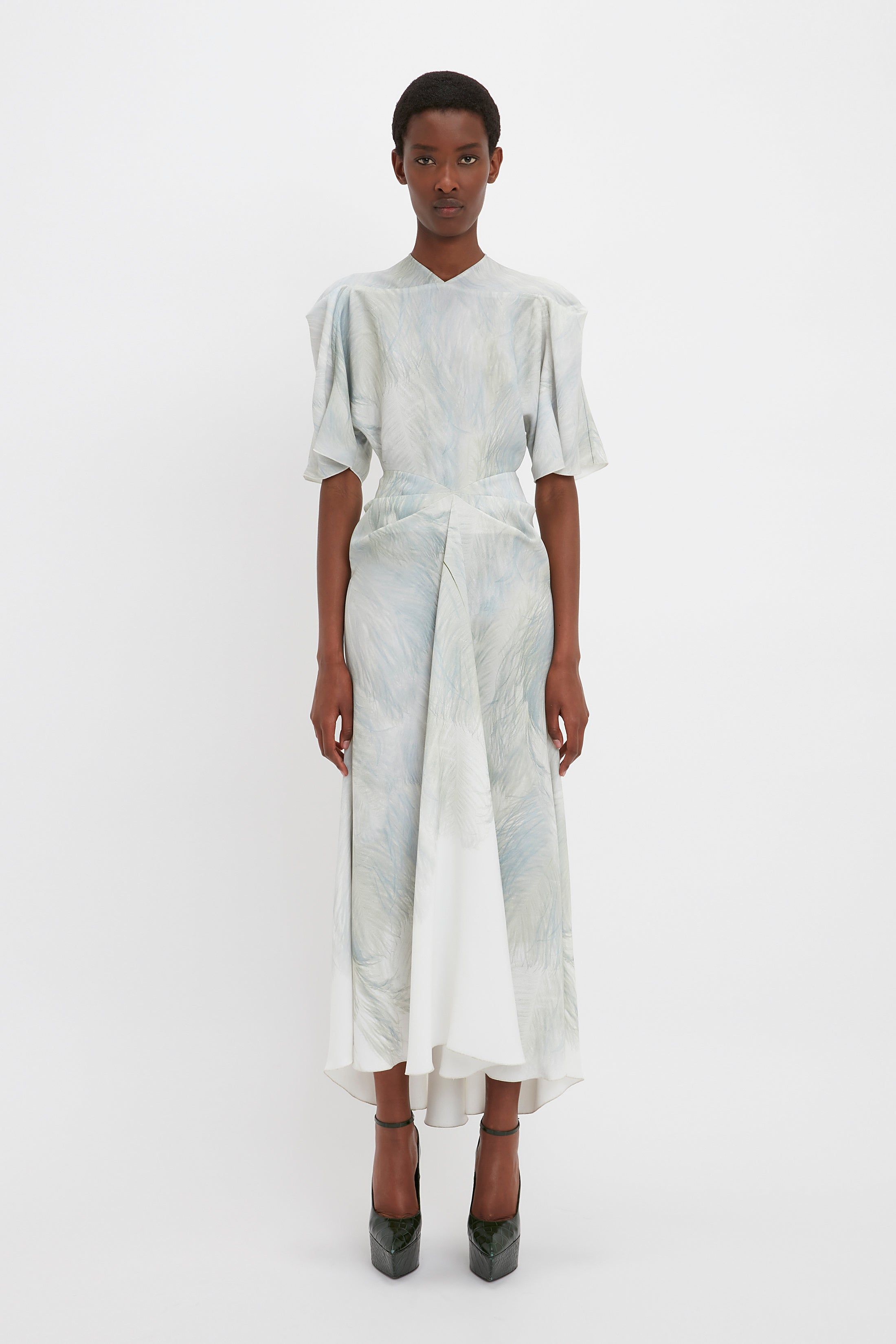 Drape Sleeve Midi Dress In White Digital Feather Print sold by Victoria Beckham
