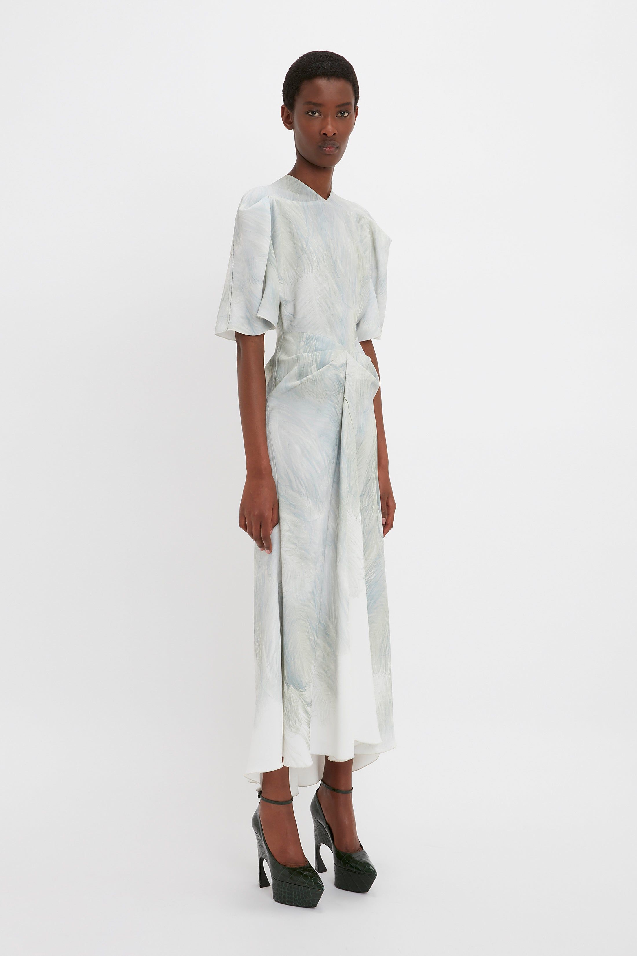 Drape Sleeve Midi Dress In White Digital Feather Print sold by Victoria Beckham product image thumbnail 2