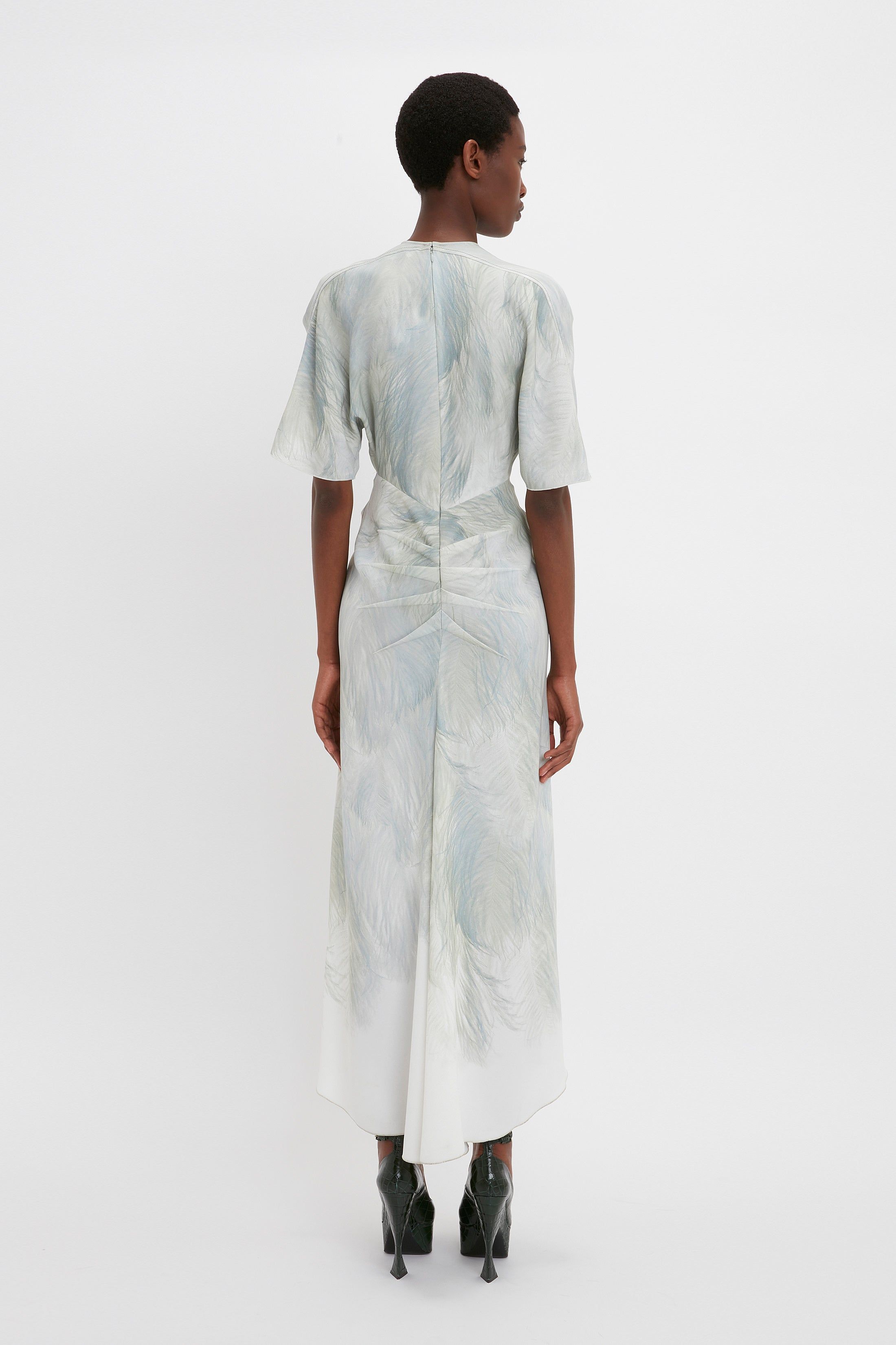 Drape Sleeve Midi Dress In White Digital Feather Print sold by Victoria Beckham product image thumbnail 3