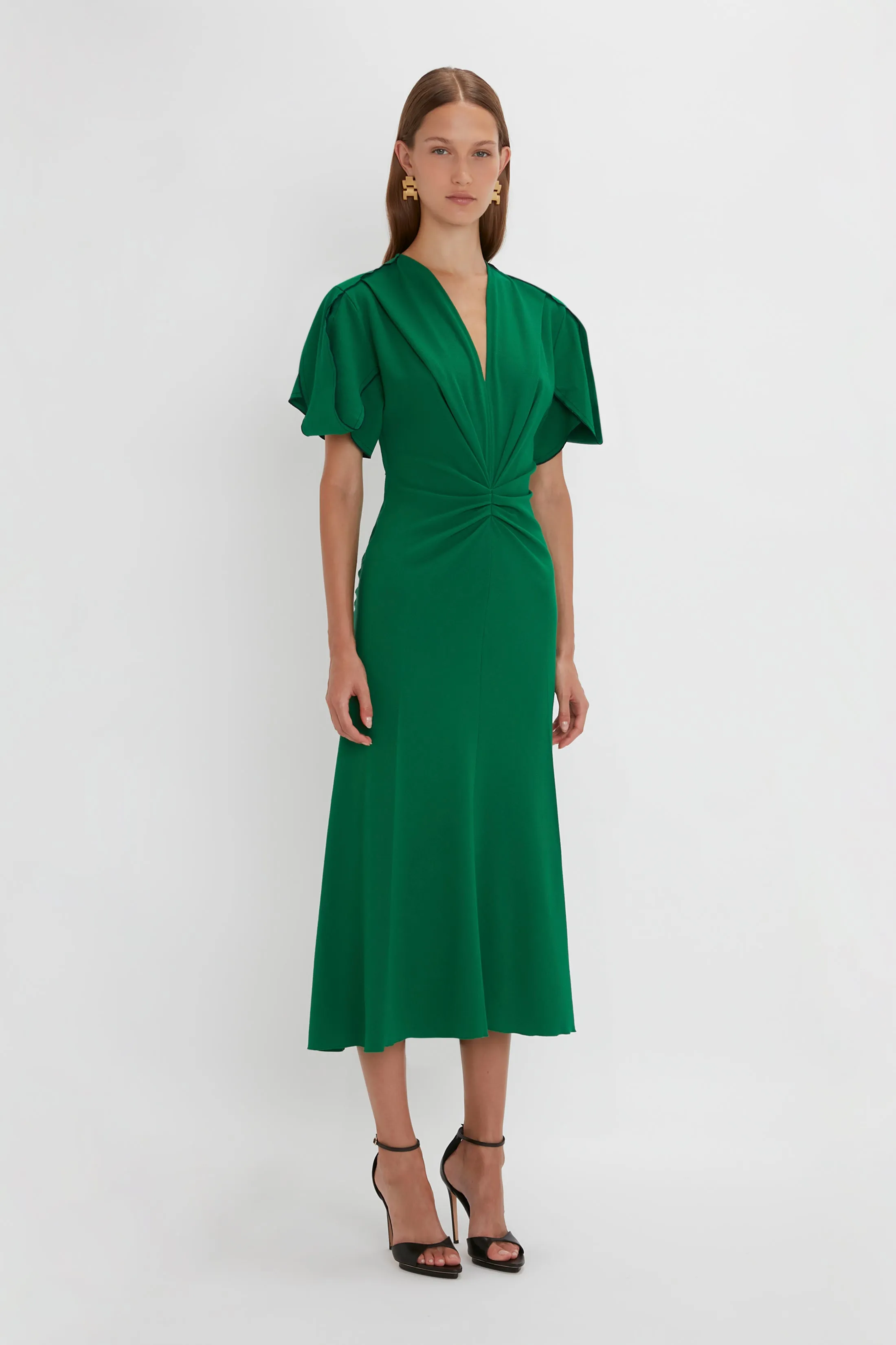 Gathered V-Neck Midi Dress in Emerald sold by Victoria Beckham product image thumbnail 2