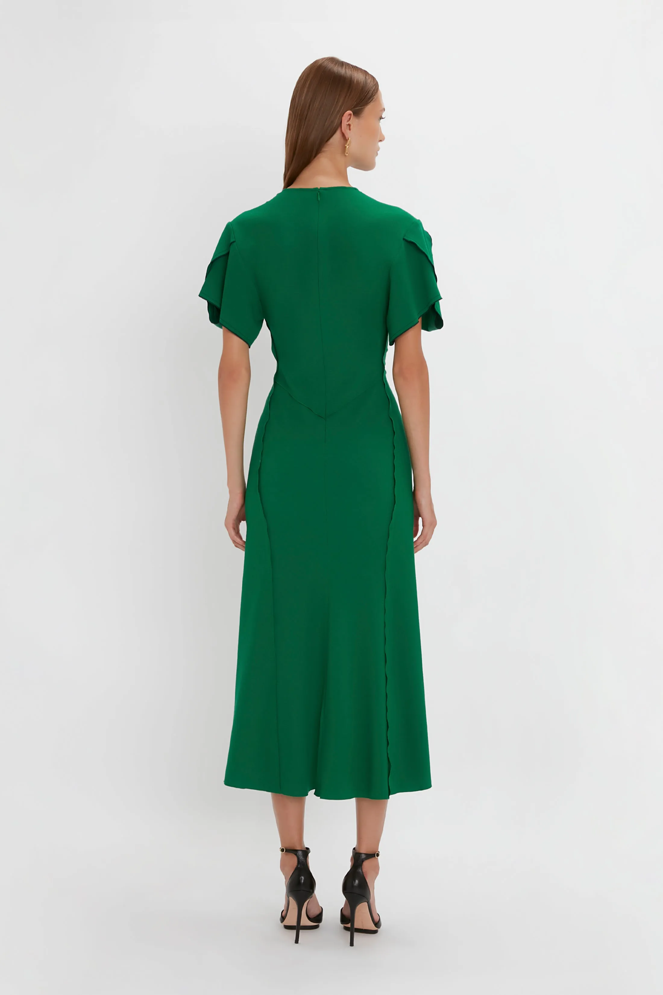 Gathered V-Neck Midi Dress in Emerald sold by Victoria Beckham product image thumbnail 3